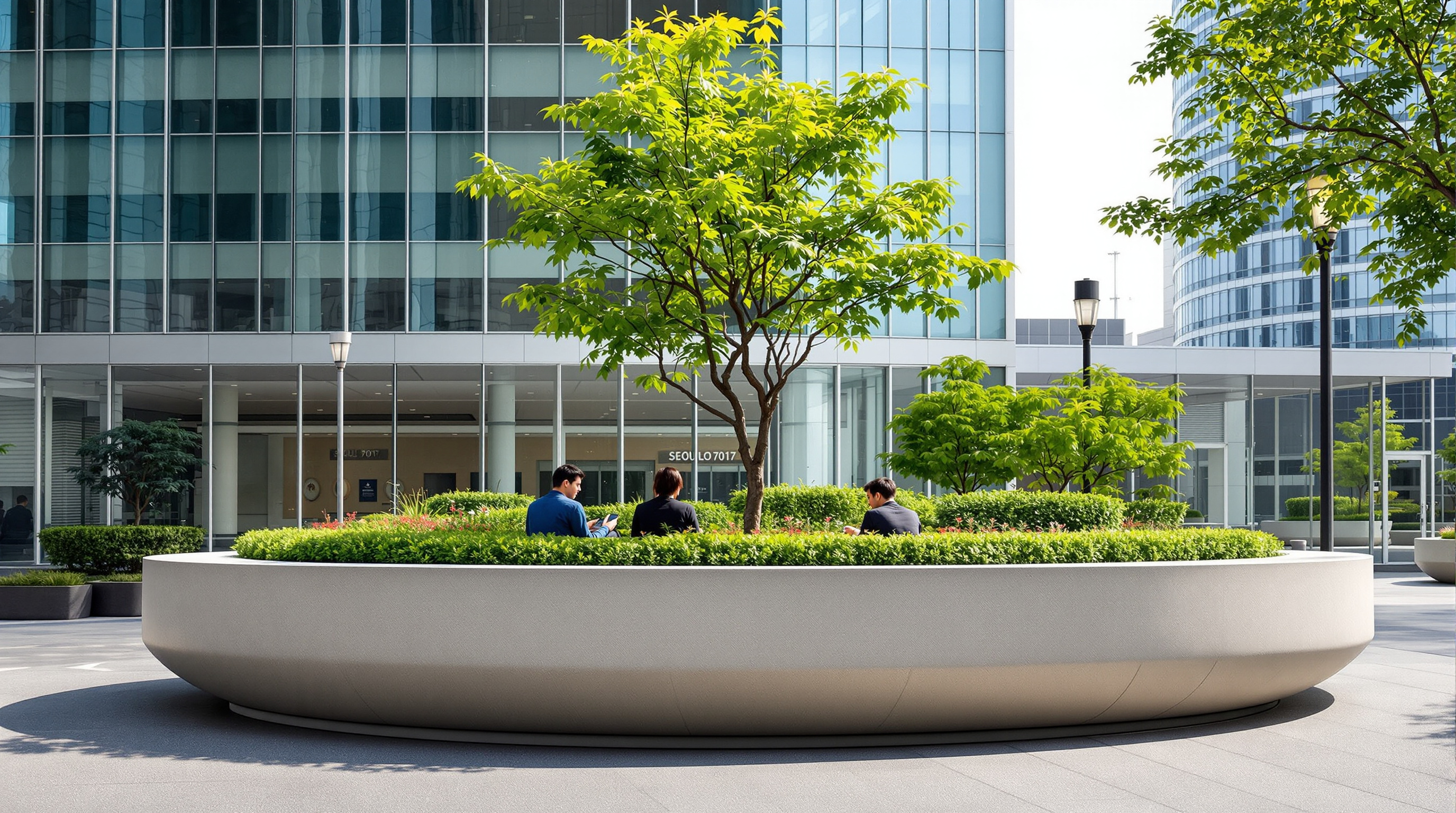 A round concrete planter on Seoullo 7017 seen close up, its wide rim doubling as a curved bench where two people sit in the shade of a small maple, the pale grey cylinder set against the glass curtain wall of an adjacent Seoul office tower