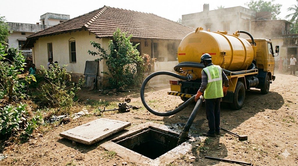 Septic tank desludging in progress — vacuum truck with hose connected to an open inspection cover, accumulated sludge being removed
