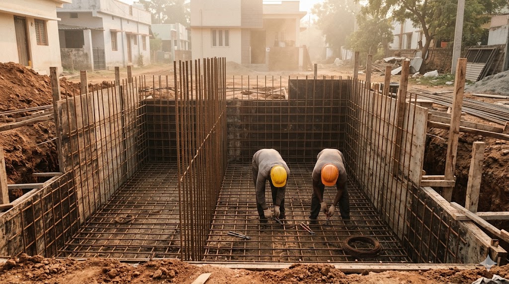 Two-compartment RCC septic tank under construction on an Indian site — rebar cage and dividing baffle wall visible, formwork ready for casting