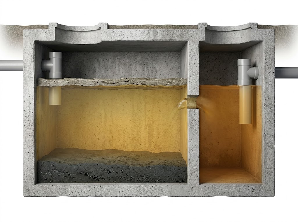 Cut-away view of a working septic tank — three stratified zones (scum on top, clear effluent in middle, sludge at bottom) with inlet and outlet tees