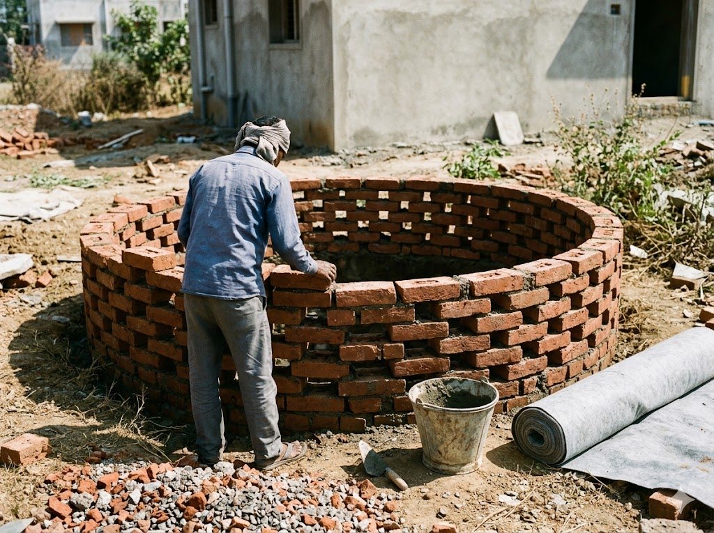 Soak pit under construction — circular brick honeycomb wall, gravel and broken-brick fill at the base, geotextile wrap, perforations visible