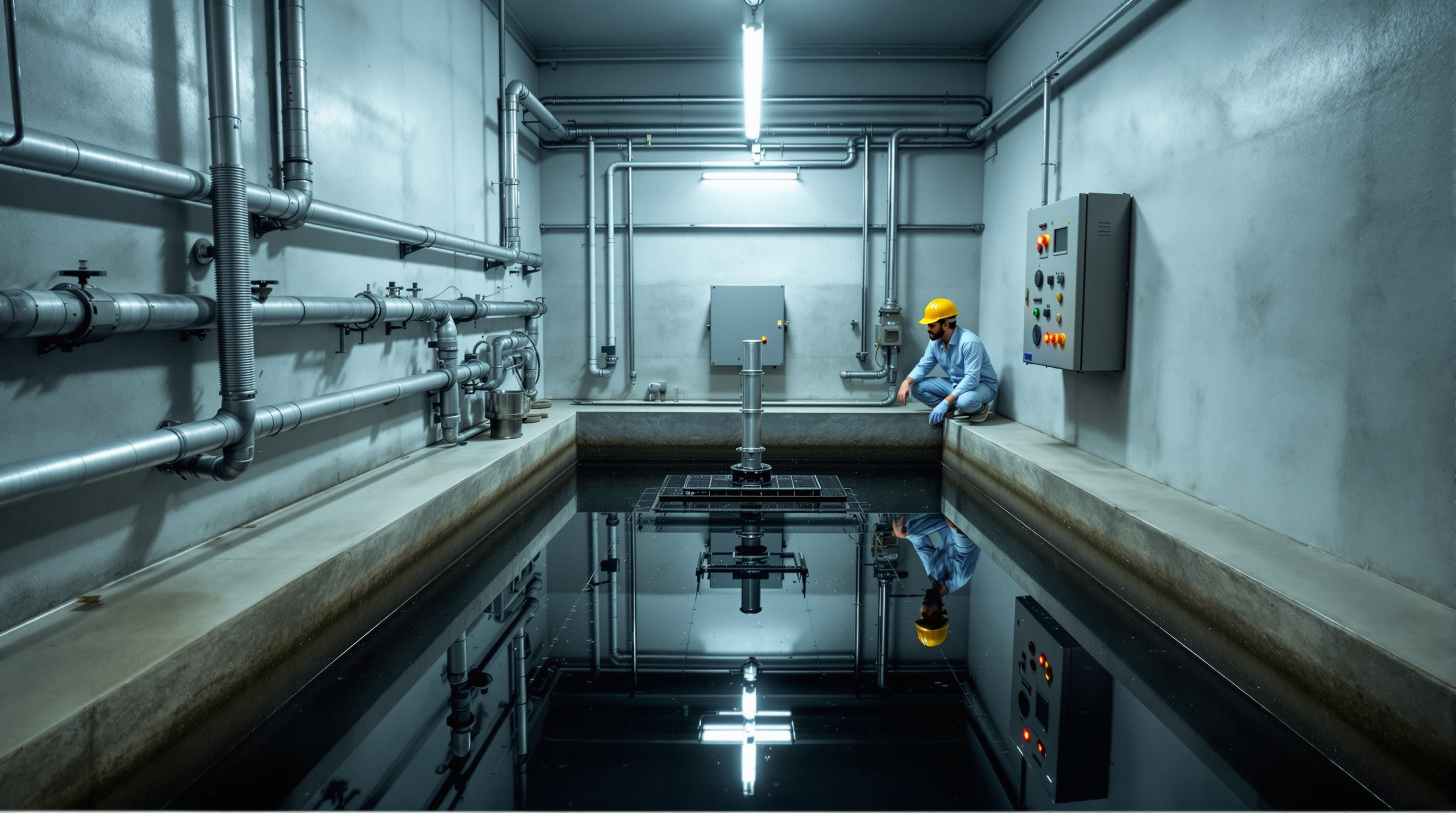 A compact single-tank SBR sewage treatment plant in a building basement with a floating decanter arm and PLC control panel, being inspected by an Indian engineer