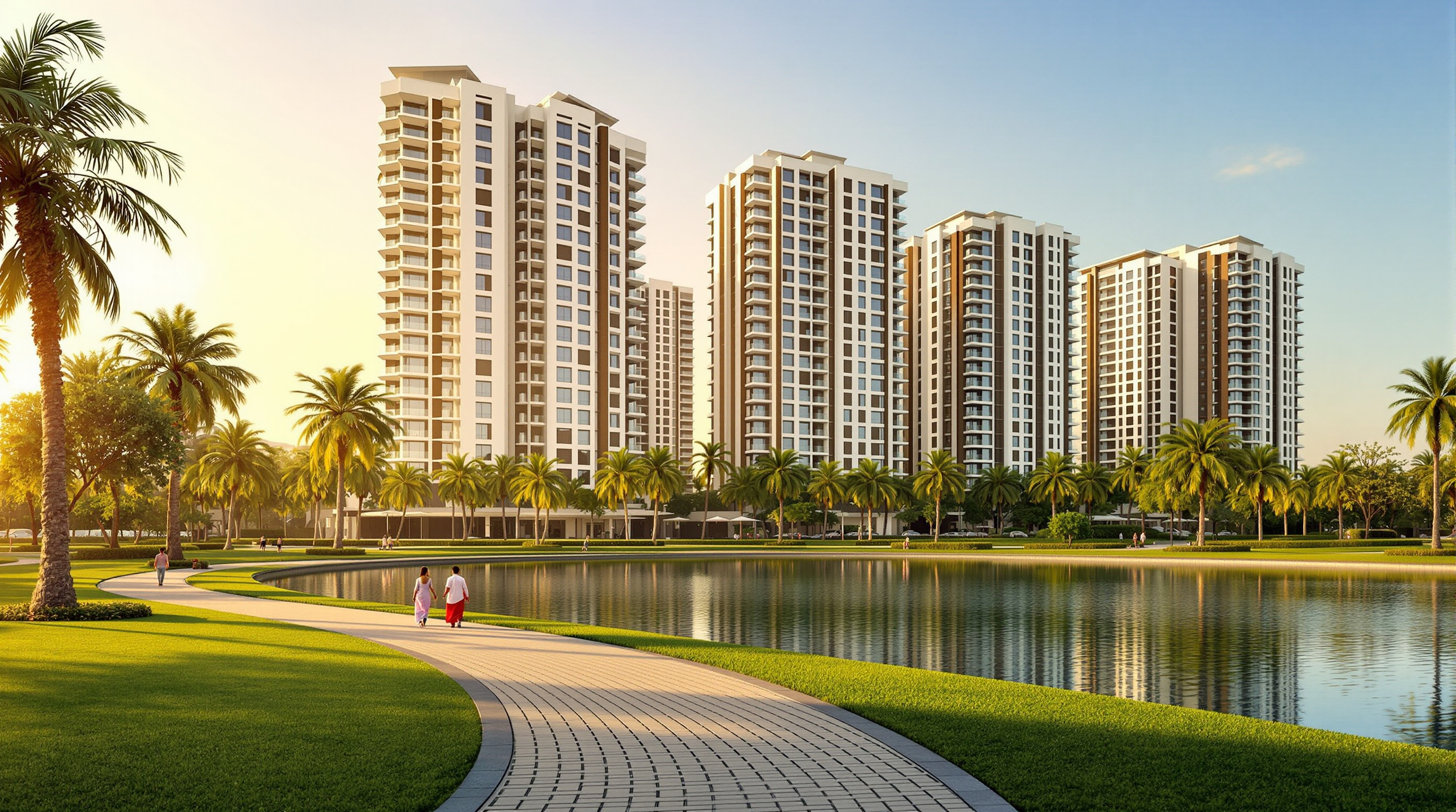 A modern Indian residential township of tall apartment towers beside a calm lake at golden hour, with landscaped green lawns in the foreground