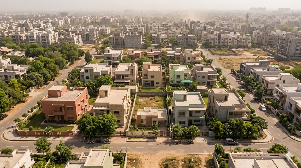 Aerial view of a contemporary Indian residential layout showing setback variation across plots — different front, side, and rear margins visible