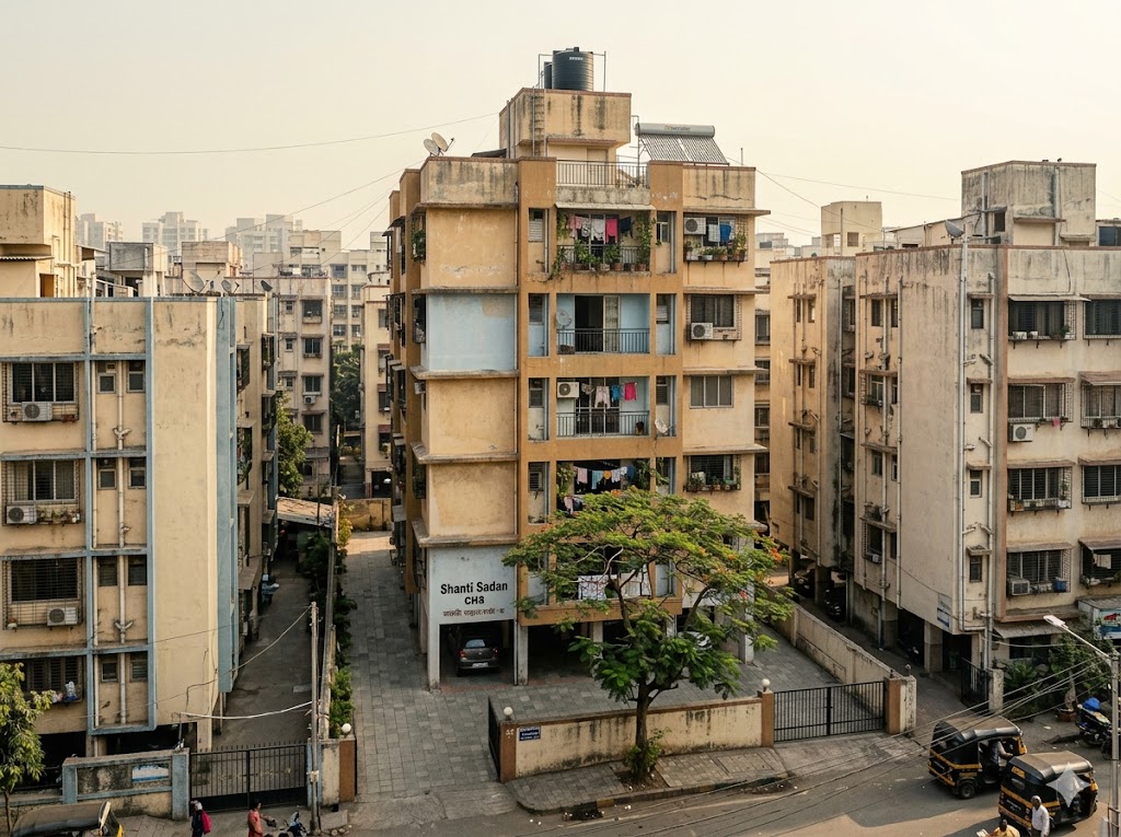 Mumbai residential plot — narrow road, dense urban context, deep front setback contrast with side margins — typical DCPR-2034 application