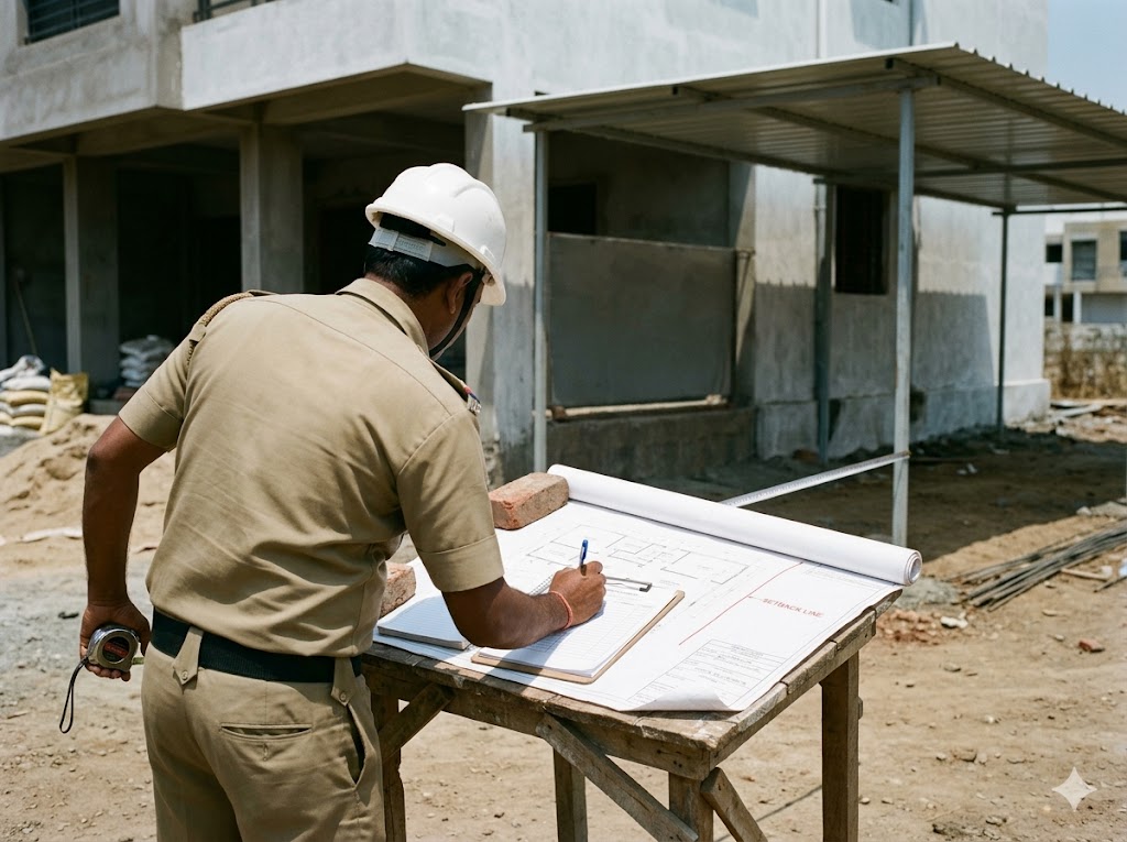 Inspector with measuring tape verifying actual built setback against sanctioned plan on an Indian site — a small encroachment detected at the corner