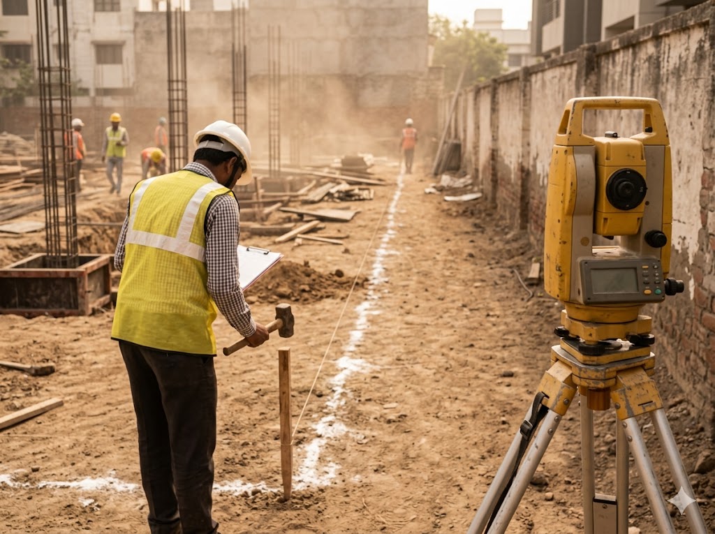 Surveyor with a total station establishing setback boundary lines on an Indian construction site — wooden pegs and string marking the buildable area