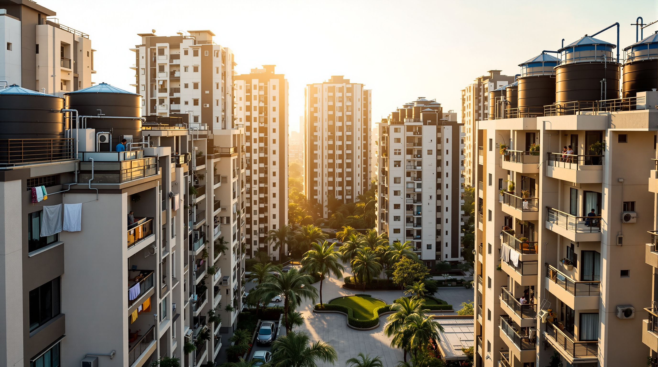 Rows of Indian residential apartment towers with rooftop overhead water storage tanks in warm morning light