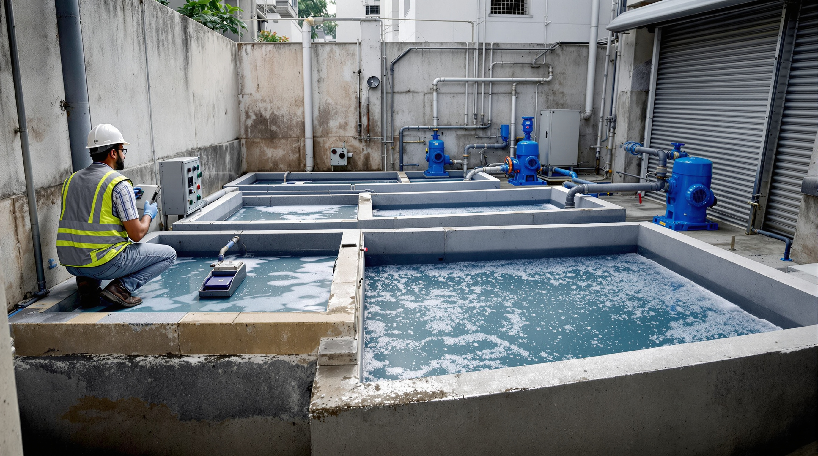 Indian engineer inspecting the aeration tanks and blowers of a compact packaged sewage treatment plant at a residential complex