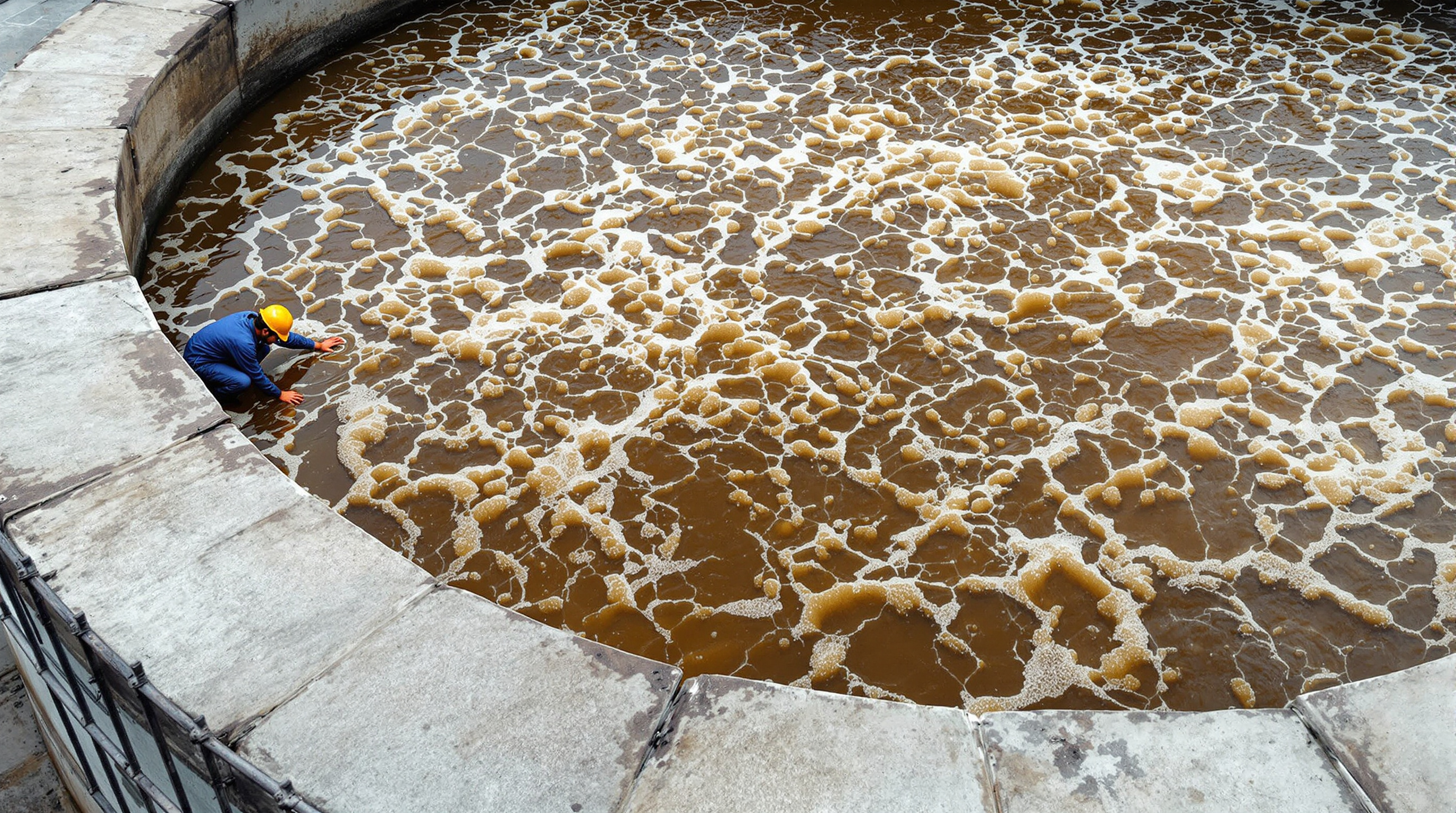 Close-up of an aeration tank in an Indian sewage treatment plant with vigorous bubbling brown water