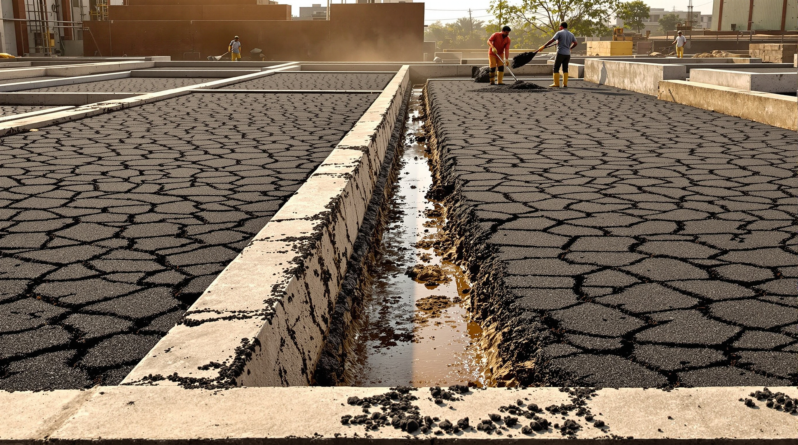 Sludge drying beds at an Indian STP with cracked dewatered sludge under sunlight