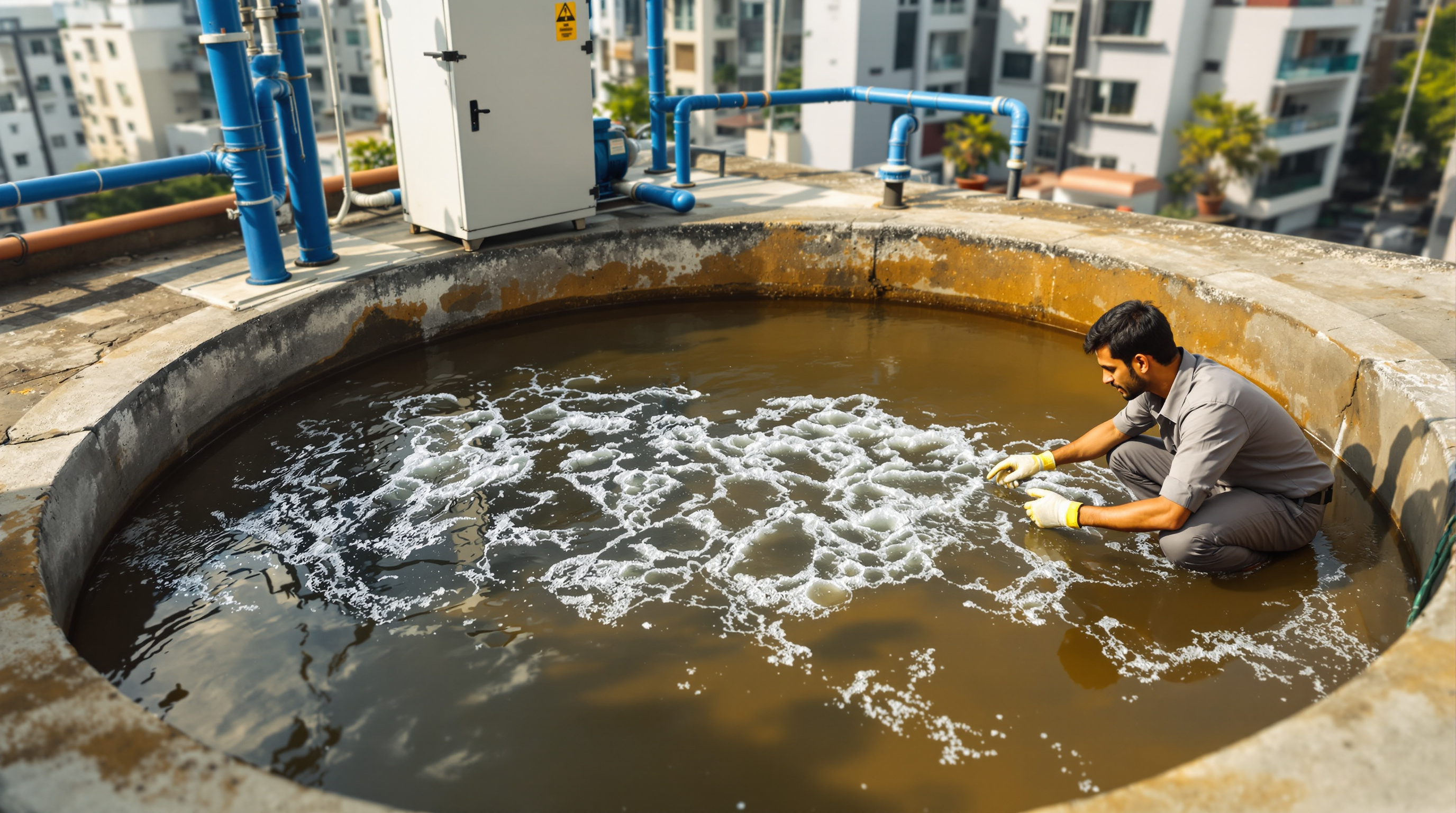 Aeration tank of a compact building sewage treatment plant with churning water and diffused bubbles, an Indian operator checking the tank edge