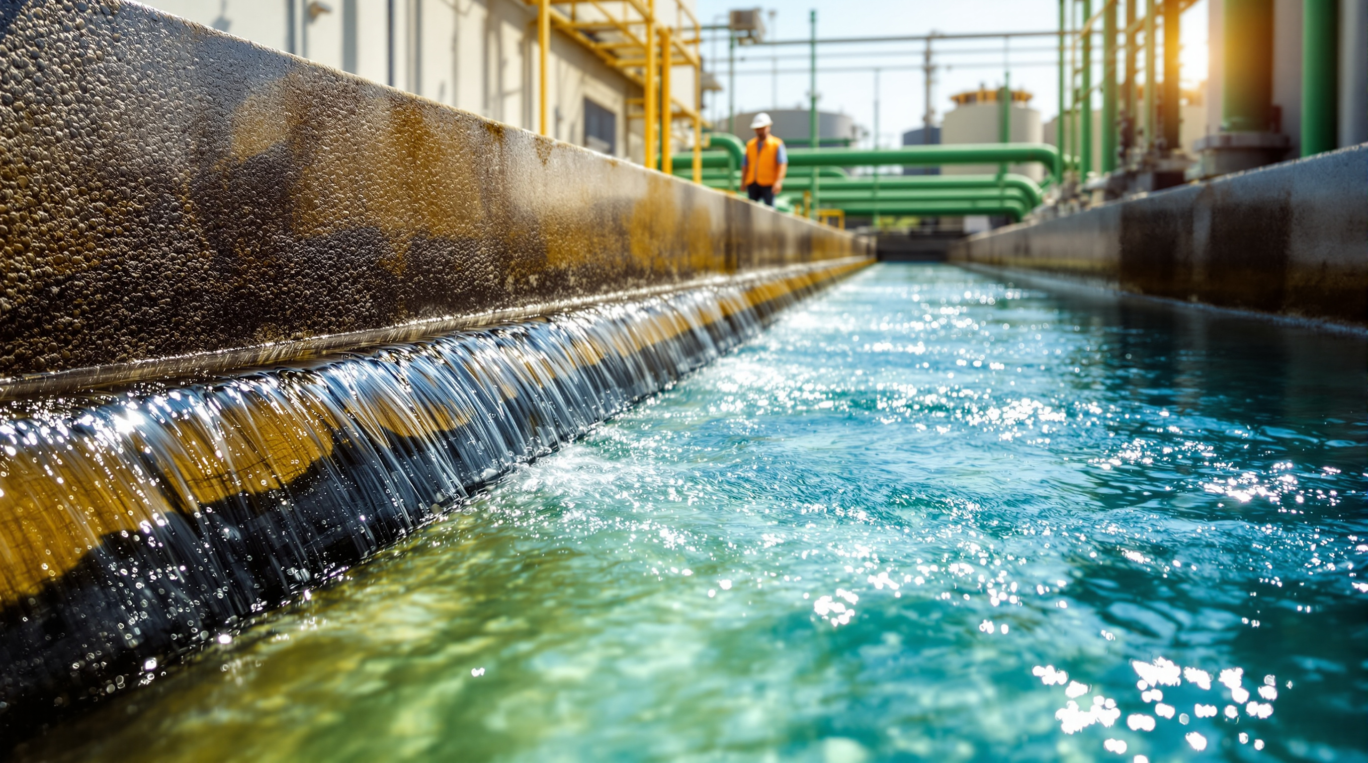 Clear treated effluent spilling over a concrete outlet weir into a collection channel at an Indian treatment plant
