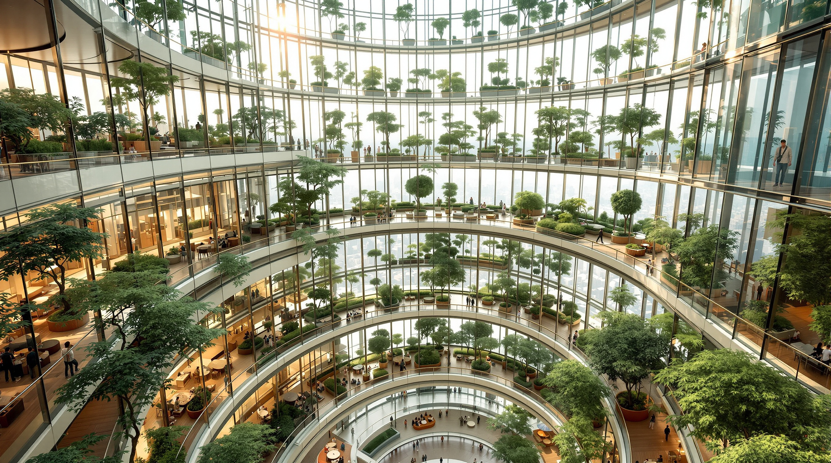 Inside one of Shanghai Tower's sky gardens: a bright multi-storey atrium between the inner glass tower and the outer twisting skin, planted with trees and seating, with the curving glass revealing the city far below