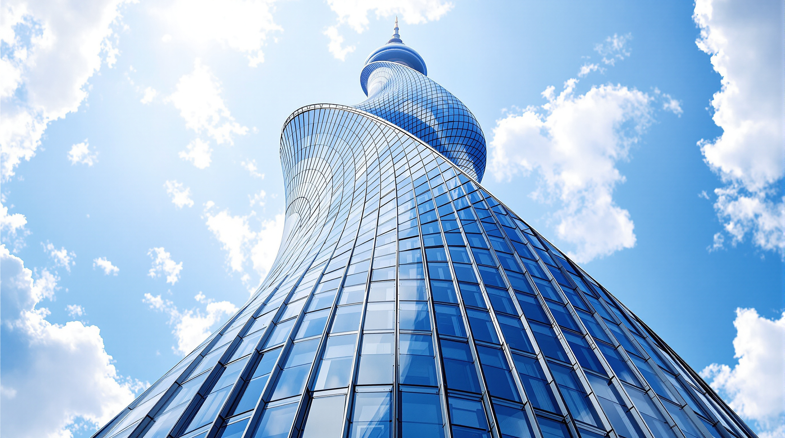 Aerial view looking straight up the twisting glass flank of Shanghai Tower, the spiralling seams of the outer double-skin facade converging toward the distant crown against a bright sky
