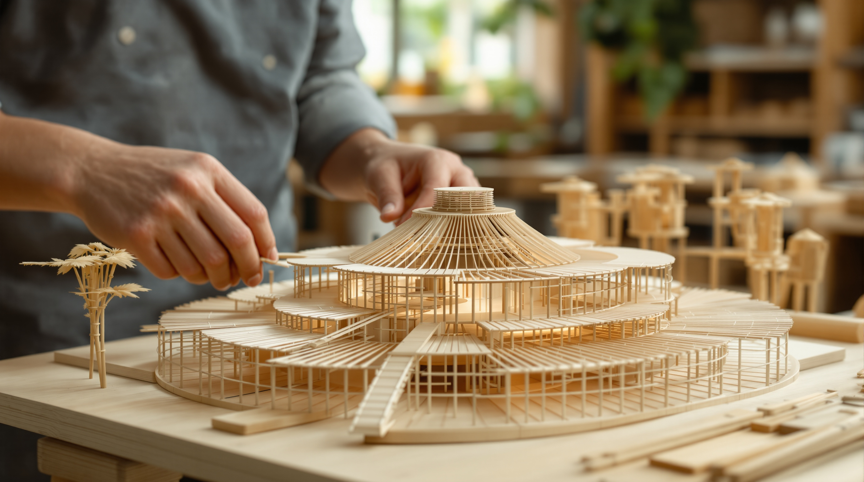 A detailed physical scale model of the Sharma Springs bamboo villa on a workbench, made from thin bamboo splints lashed together, showing the splayed lotus-petal floors and central tower, with a designer's hands adjusting a member