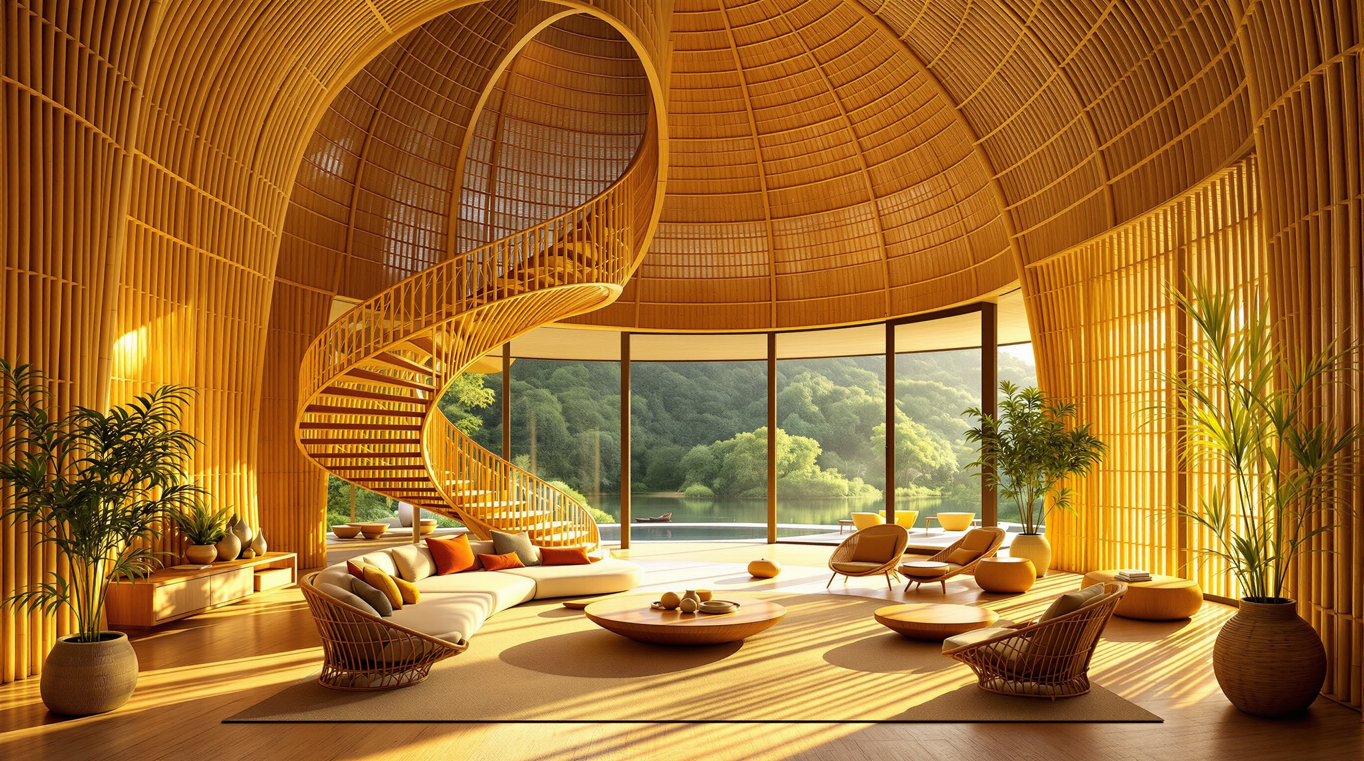 Interior of Sharma Springs looking out from the open-plan living level: a soaring cathedral-like space of golden bamboo, with a curved bamboo staircase, woven bamboo walls and furniture, and a wide glassless opening framing the green Ayung River valley beyond