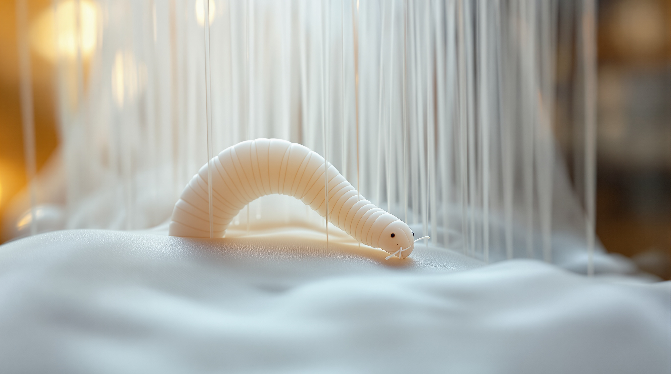 Close-up of a single silkworm mid-spin on the Silk Pavilion scaffold, its pale body arched over the taut white CNC-laid threads, a soft translucent patch of freshly spun non-woven silk spreading beneath it, warm gallery light behind