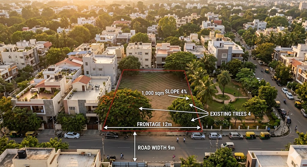 Aerial drone-style photograph of an Indian urban architectural site of approximately 1000 sqm in a Bangalore tier-1 residential neighbourhood, the site outlined with a subtle red boundary, surrounded by neighbouring residential buildings and a small park to one side, road access from the south with a 9-metre wide road, the contour pattern visible in the site's slight slope toward the east, existing vegetation visible with 3-4 mature trees, the photograph composed with annotation overlay arrows pointing to FRONTAGE, SLOPE, EXISTING TREES, ROAD WIDTH giving a sense of site-analysis documentation, late afternoon golden light, drone-quality aerial perspective