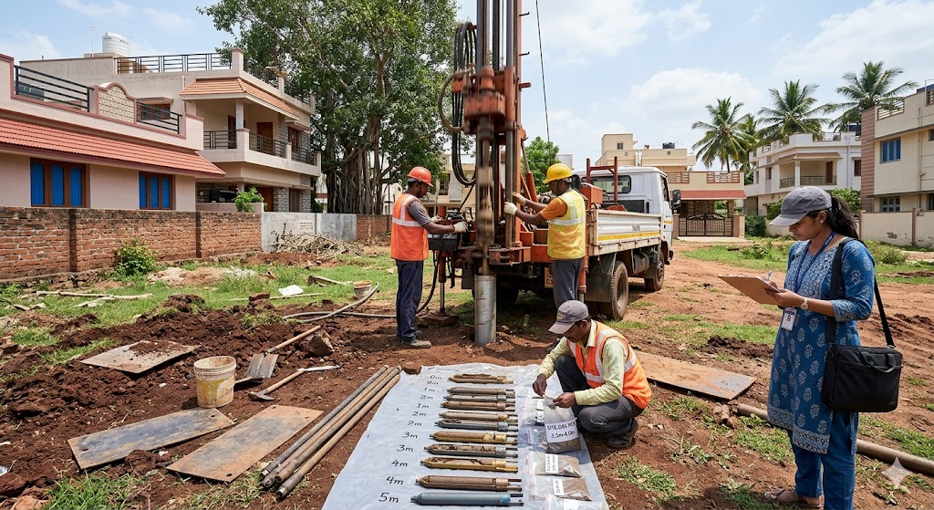 Wide-angle photograph of a soil bearing capacity test in progress on an Indian residential plot, two geotechnical technicians in safety vests operating a small drill rig that has bored a borehole approximately 5 metres deep into the site, the soil samples laid out on plastic sheets next to the borehole organised by depth, a third technician taking samples to a portable bag for lab analysis, the site context shows a neighbourhood residential plot with adjacent houses partially visible, mid-morning natural light, the architectural thesis student in casual kurta observing the test and taking notes, professional soil-testing fieldwork for site analysis