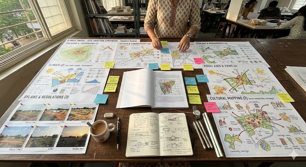 Wide-angle overhead photograph of an architecture studio table with a complete site analysis package laid out — large-format A1 site analysis drawings spread across the table showing 7 different dimensions of analysis (contours plus climate plus bylaws plus access plus ecology plus visual plus cultural), a printed photo essay of the site at different times of day pinned beside, a printed 25-page bound site analysis report book open in the centre, a sketchbook with site sketches at the corner, sticky notes connecting findings to implications, a cup of chai, late afternoon natural light from the studio window, the moment of synthesised site-analysis package ready for thesis review