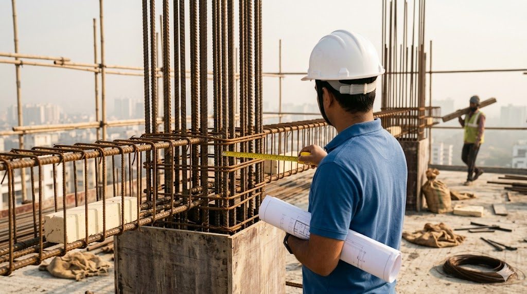 Documentary photograph of an architect or site engineer (hard hat, back to camera) reviewing a column-beam reinforcement cage on an Indian residential construction site, rolled drawings in one hand and a measuring tape in the other, immediately before a critical concrete pour