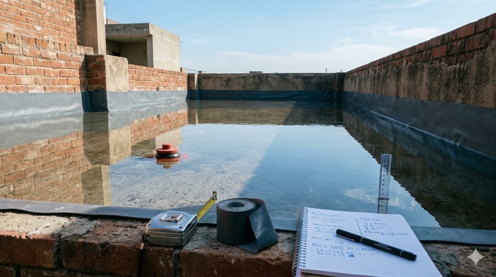 Documentary photograph of a flooded bathroom or terrace section visibly filled with calm water to approximately 50 millimetres depth during a waterproofing flood test, drain temporarily plugged, contractor's tools at the edge, no people in frame