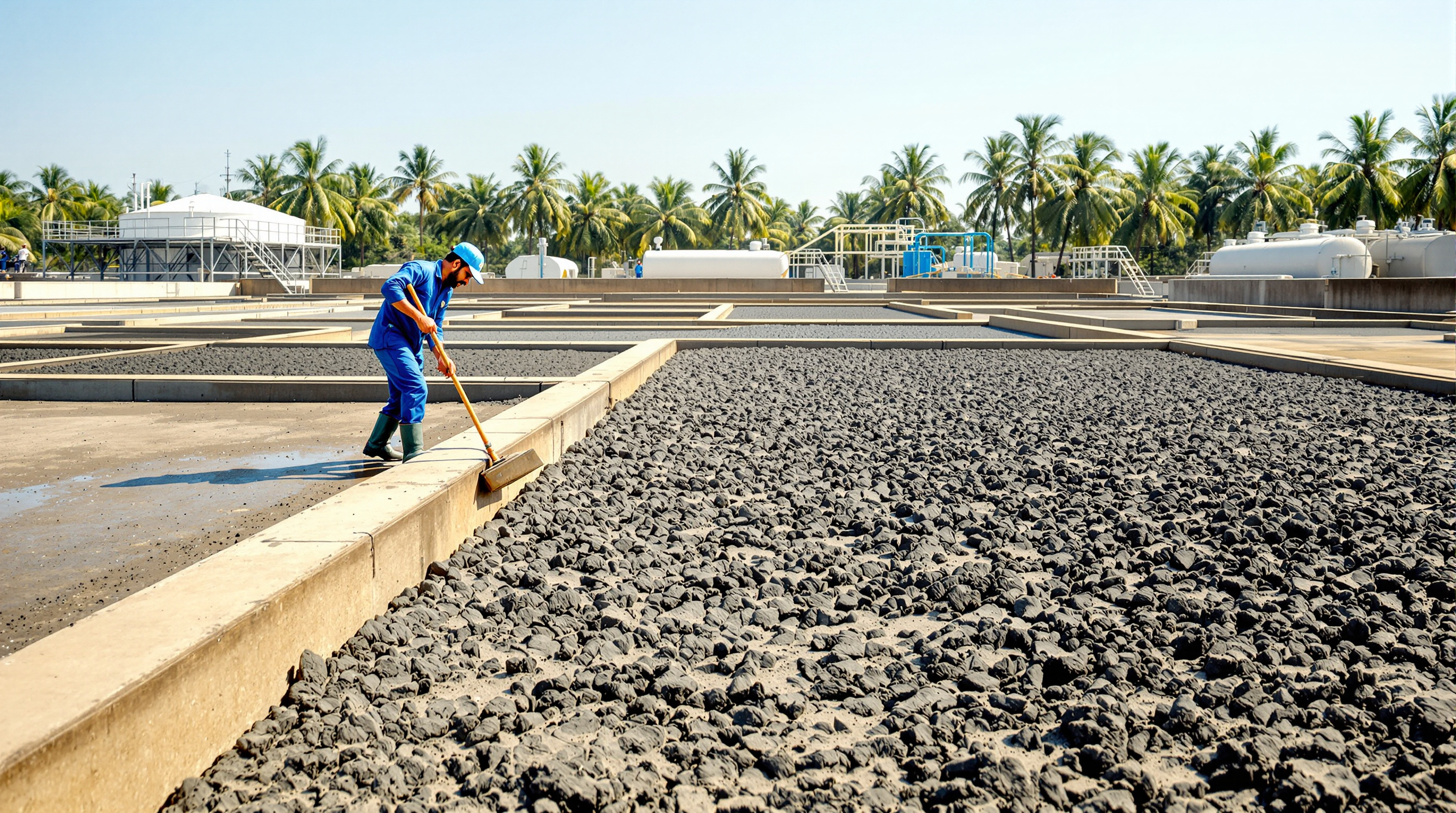 Open sand-and-gravel sludge drying beds at an Indian sewage treatment plant with cracked drying sludge under bright sun