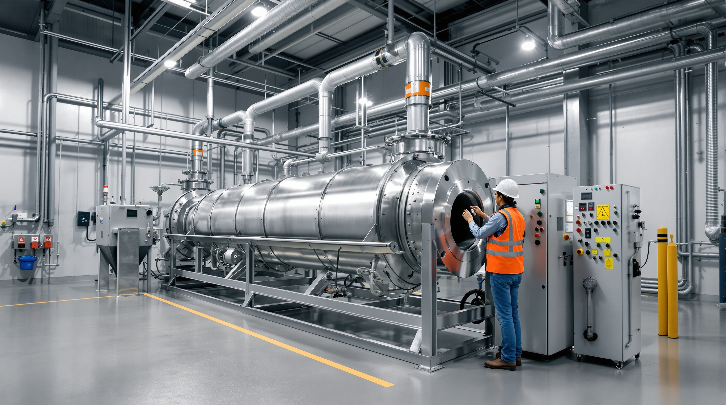 Stainless steel horizontal decanter centrifuge unit running inside the dewatering room of an Indian STP