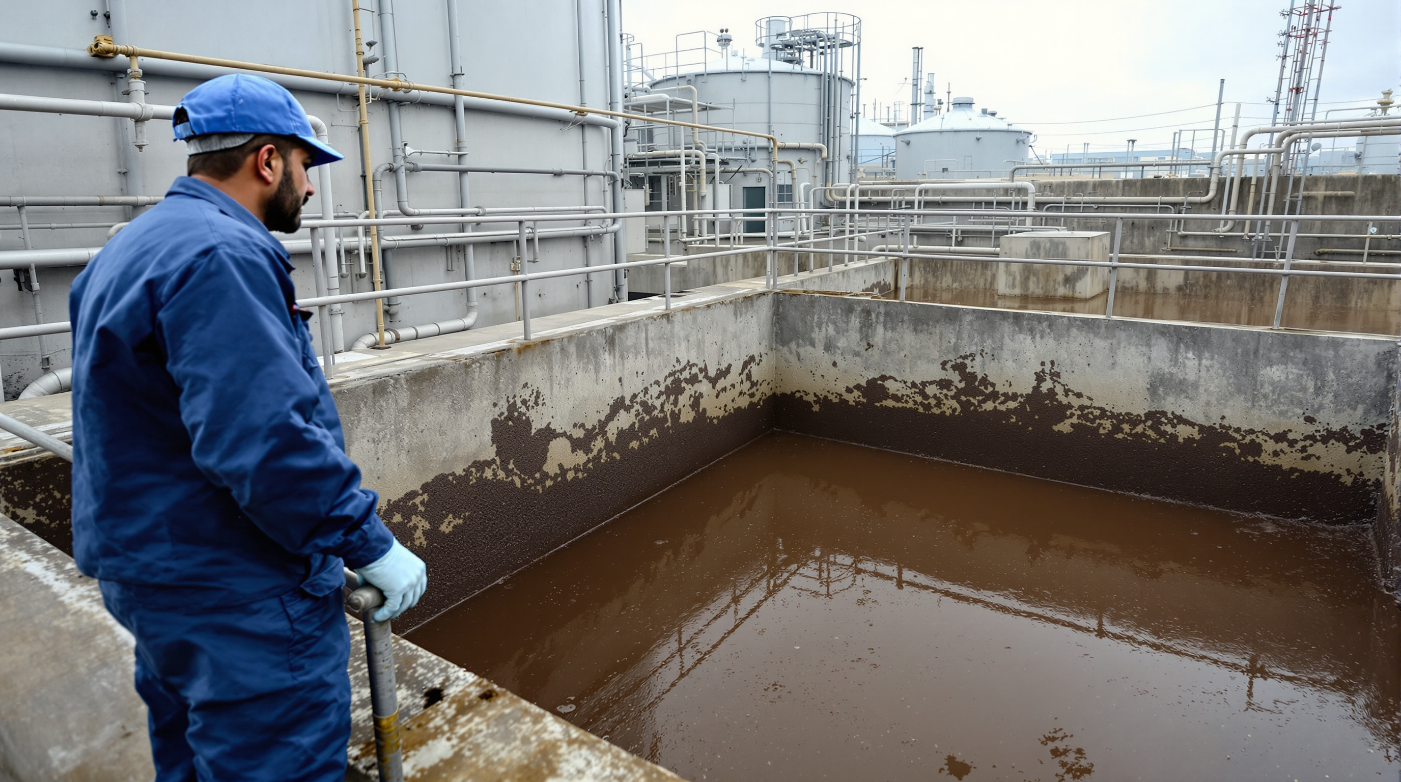 An Indian sewage treatment plant operator inspecting thick dark-brown wet sludge slurry in an open concrete holding tank