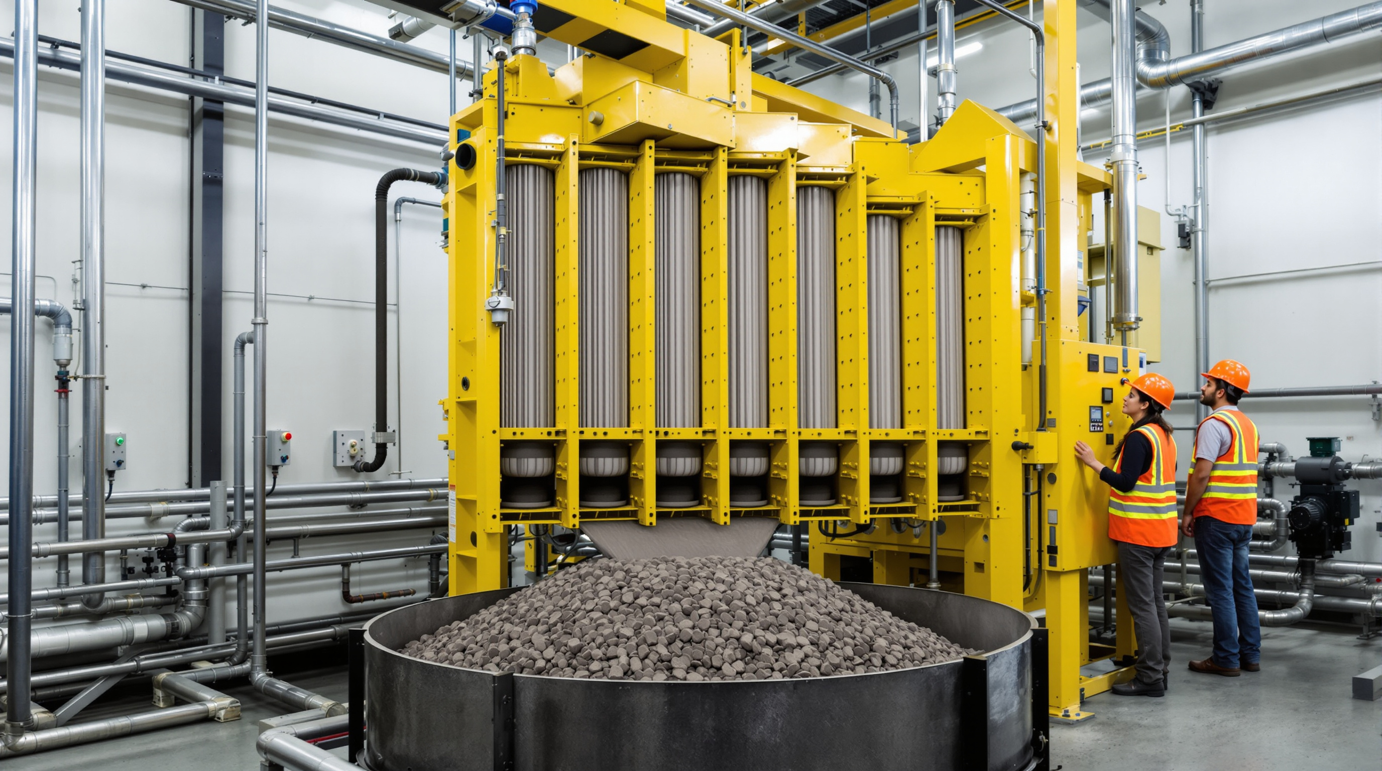 An Indian technician operating a plate-and-frame filter press machine that squeezes sludge into dry cake inside an STP equipment room