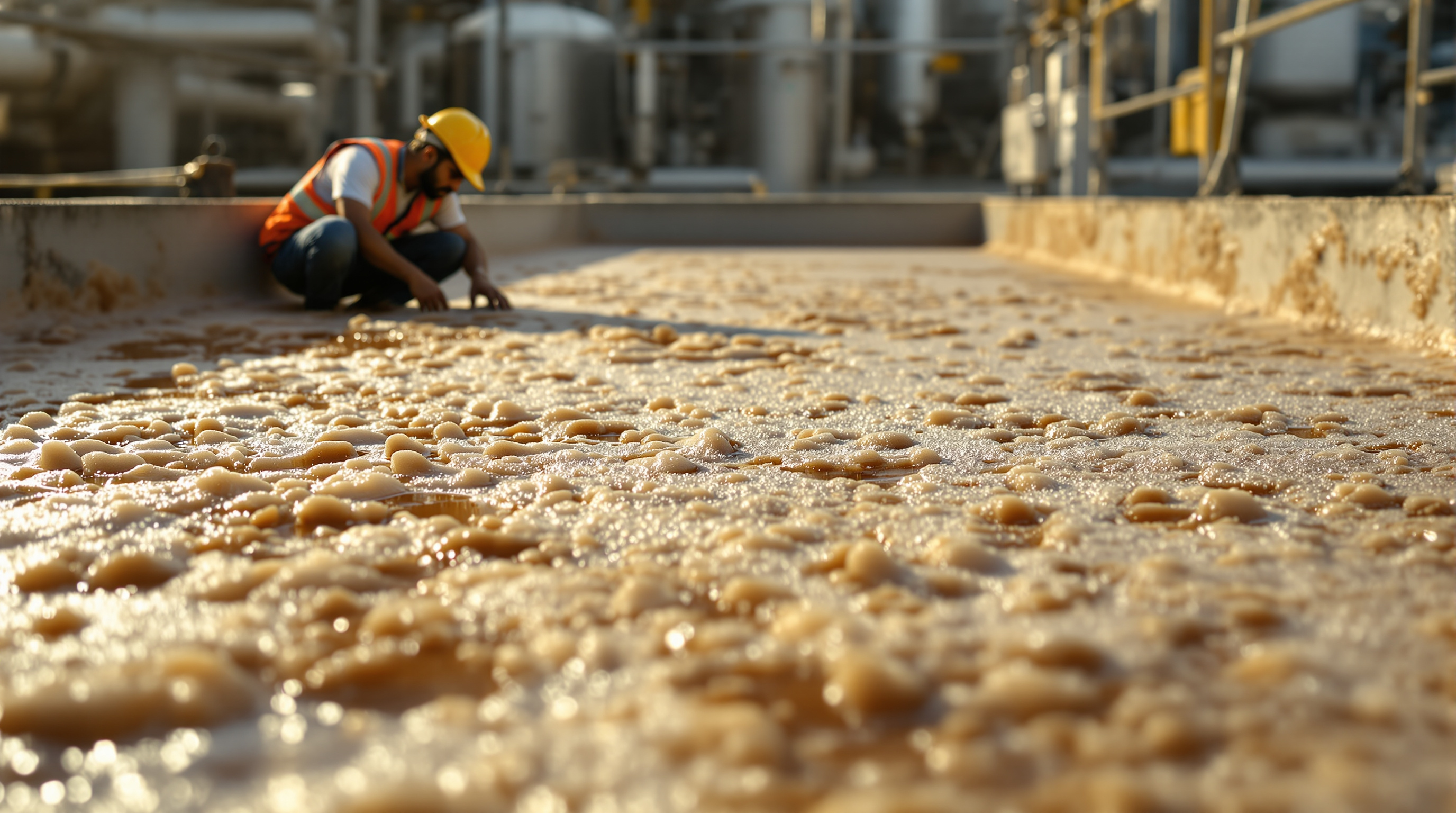 Aeration tank at an Indian sewage treatment plant with brown foaming mixed liquor and an operator checking the surface