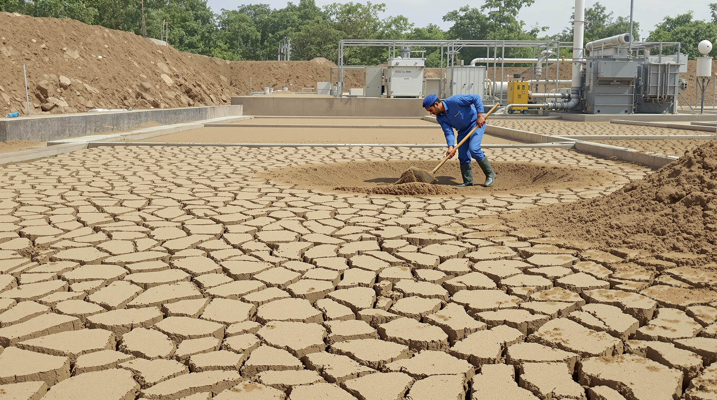 Sludge drying beds and dewatered grey sludge cake at an Indian STP with an operator supervising