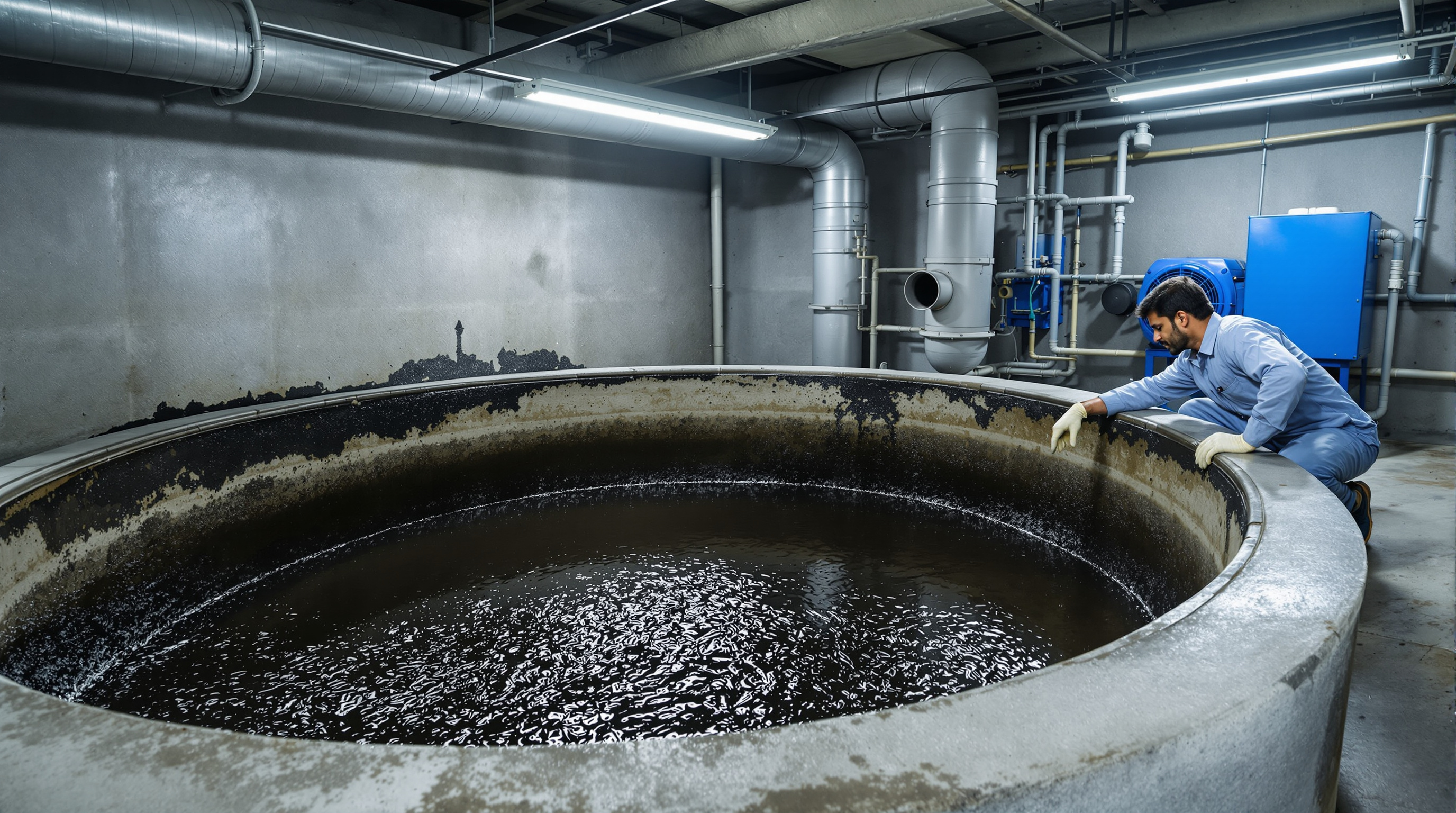 Indian STP operator inspecting a covered aerated sludge tank in a basement plant room, fine bubbles breaking the dark sludge surface