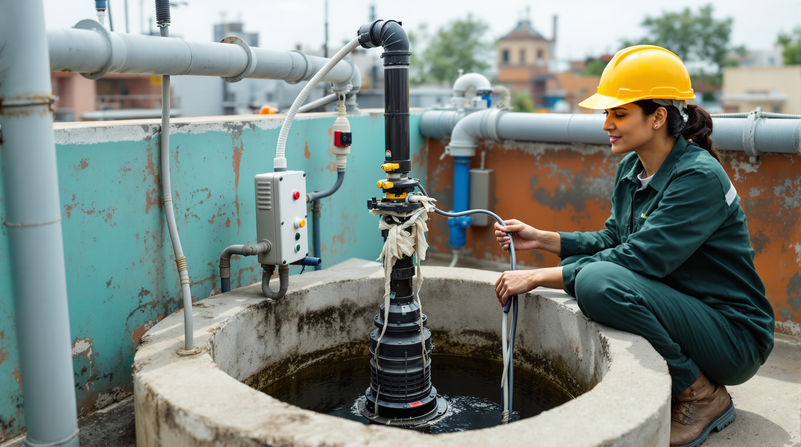 Indian technician checking a submersible sludge pump and float switch at the edge of an STP sludge tank