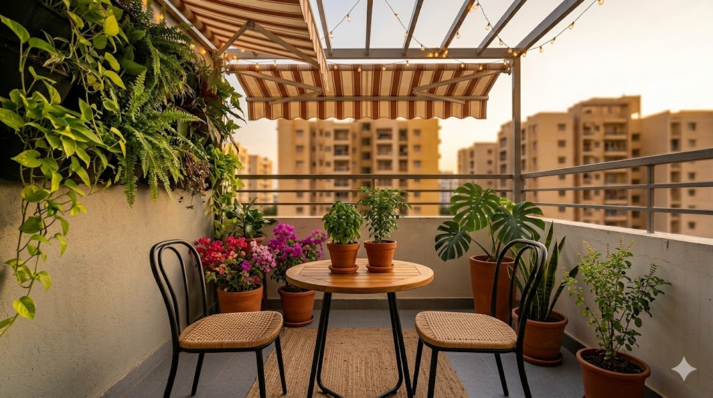 A small Indian balcony café corner with a 2-seat black powder-coated steel bistro set, woven rattan seat cushions, a 60cm round teak café table with basil and curry-leaves planters, and bougainvillea behind the seats
