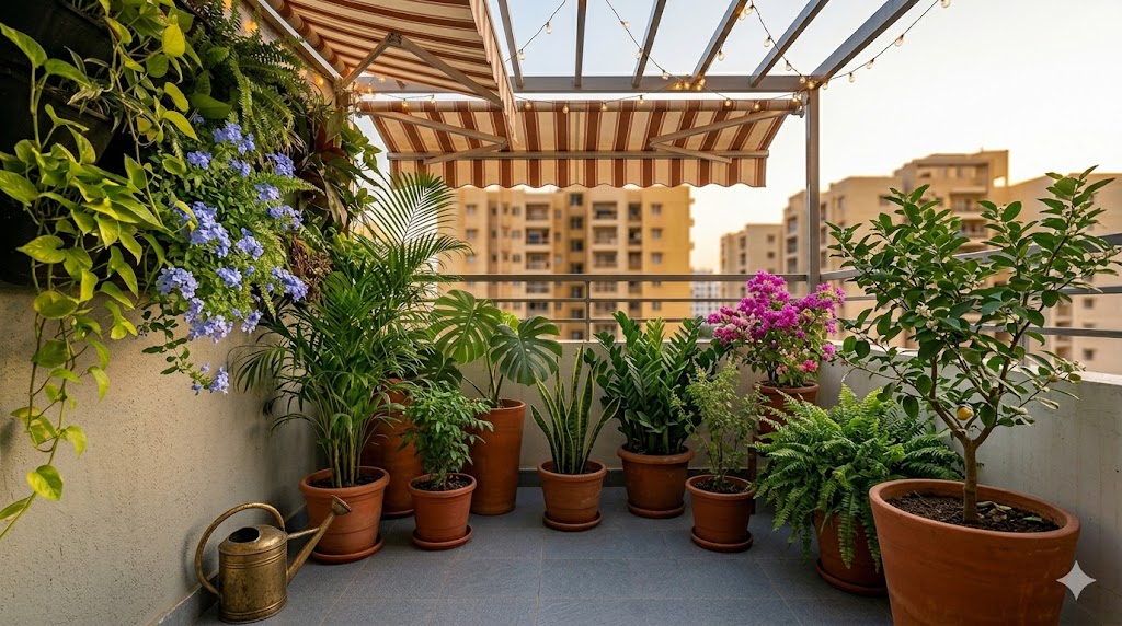 A small Indian balcony transformed into a dense planted mini-garden with a vertical wall planter of trailing pothos and plumbago, eight floor pots of monstera, snake plant, ZZ plant, areca palm, tulsi and a lemon tree