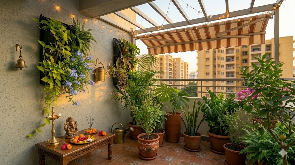 A small Indian balcony pooja zone — a corner teak pooja chowki with a brass diya and idol, a small wall bell, marigold petals on a brass plate, and a tulsi plant in a traditional terracotta pot at the centre of the balcony
