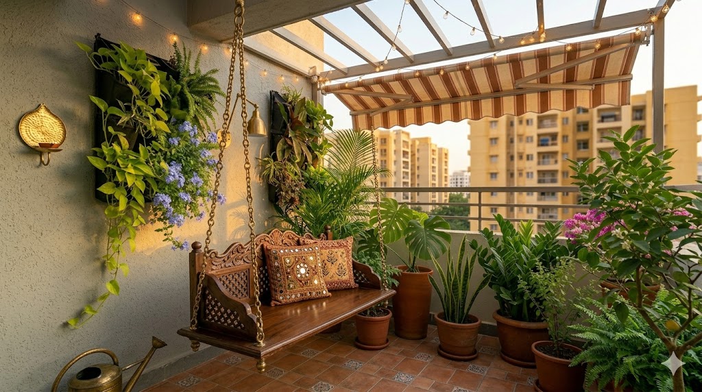 A traditional Indian jhoola — a 1.2m wooden swing seat with brass-finish chains anchored to the ceiling slab, two embroidered cushions, terracotta floor tile, and aralia and tulsi planters beside it
