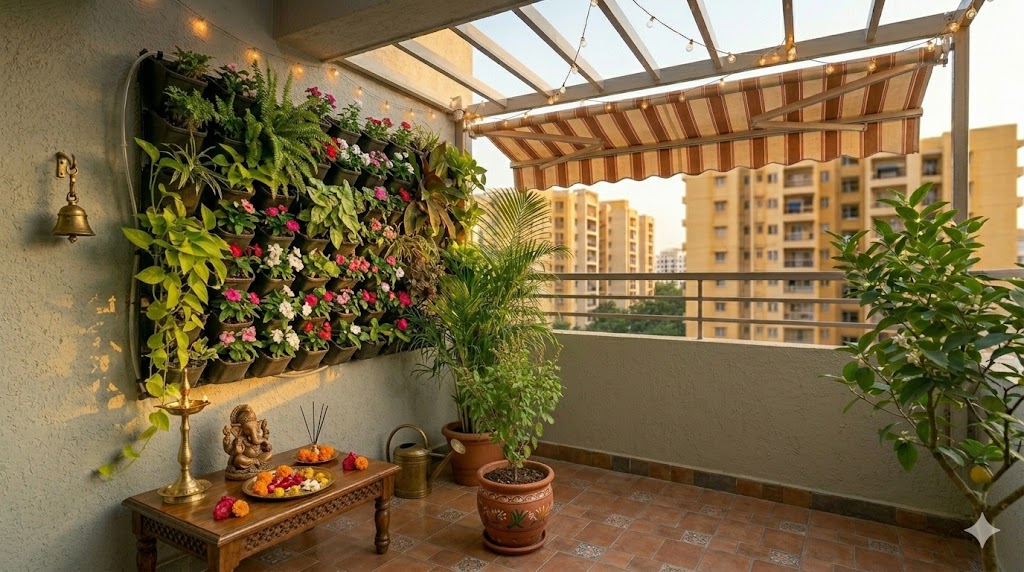A vertical green wall on a small Indian balcony — a 6-foot tall modular vertical garden panel with mixed ferns, trailing pothos, syngonium and flowering impatiens, a textured limewash backdrop, a drip-irrigation tube and anti-skid tile floor below