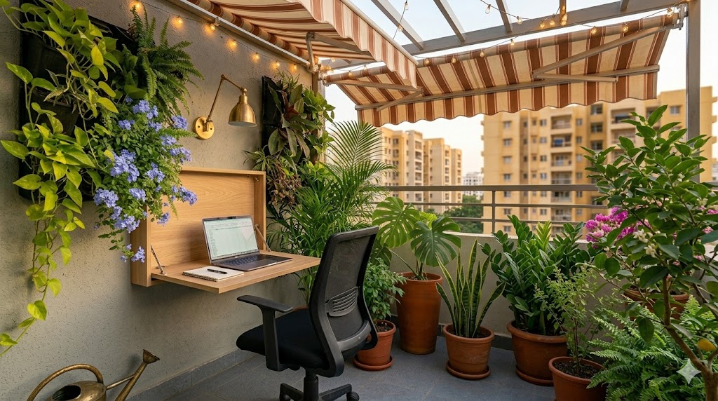 A small Indian balcony converted into a work-from-home nook — a folding wall-mounted light oak desk, a black task chair, a brass swing-arm wall lamp, two trailing plants on the wall behind the desk, and an outdoor view through the railing