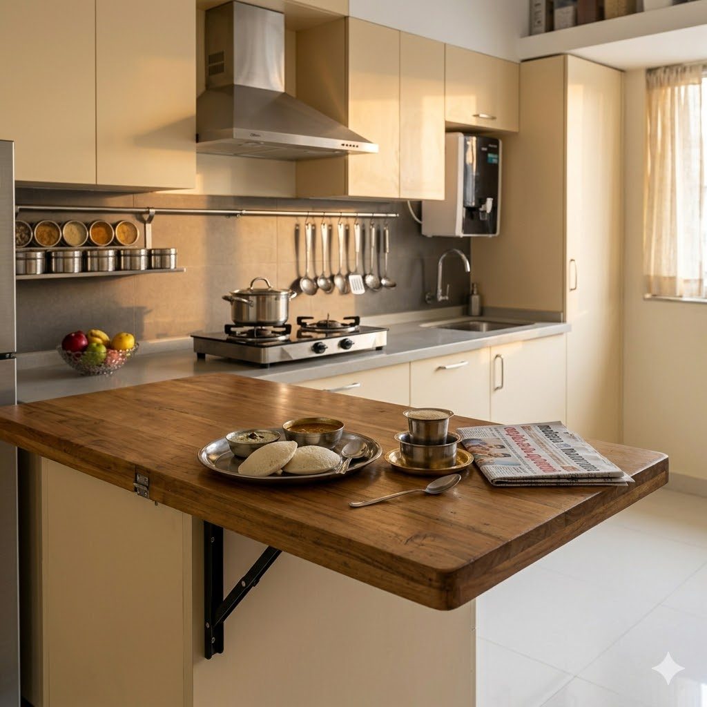 A foldaway breakfast-cum-prep counter in a tiny Indian apartment kitchen — a 1200 by 600 mm wooden ledge hinged off a base cabinet on a slim folding bracket below, holding a plate of idlis and chutney and a steel tumbler of filter coffee