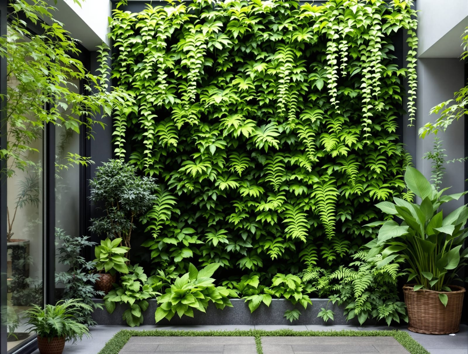 A green living wall of ferns and foliage bringing lushness to a compact urban garden courtyard