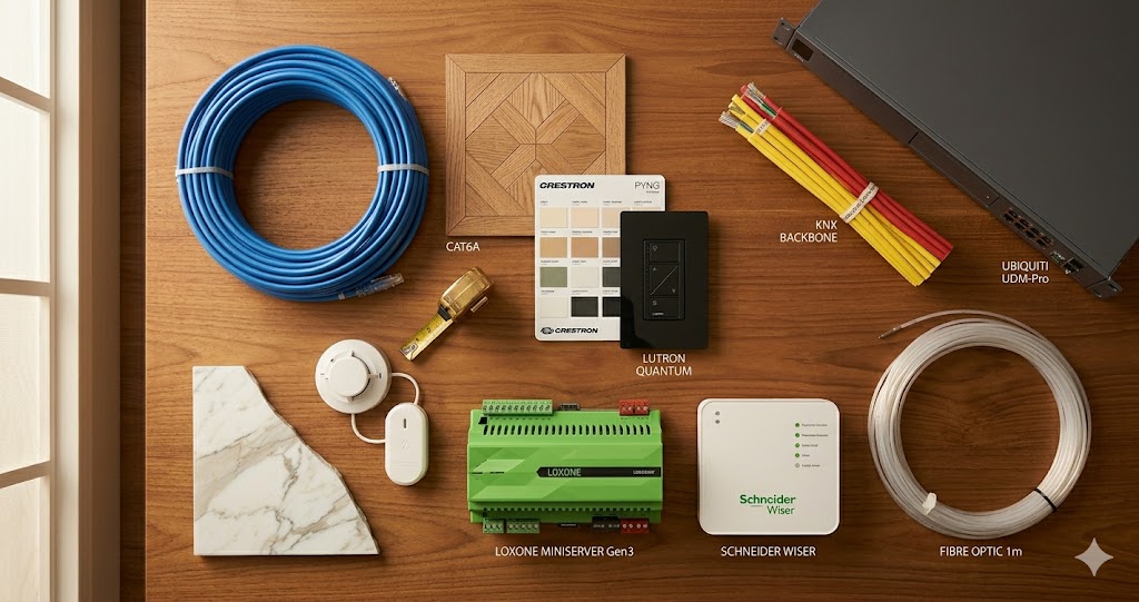 Comparison plate showing branded smart home backbone equipment including Loxone Miniserver, KNX panel, Schneider Wiser actuators, and Ubiquiti structured cabling rack with Indian electrical context
