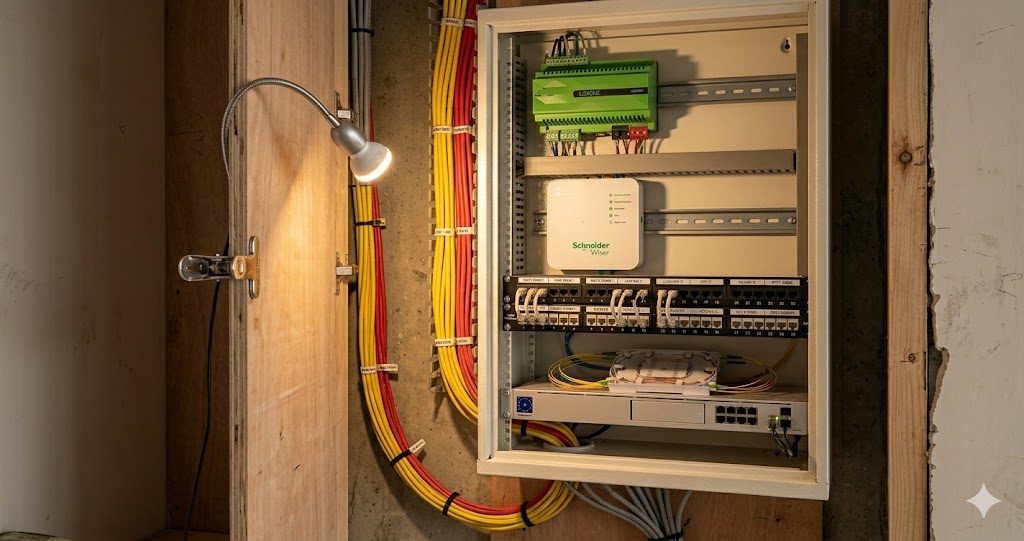 Cutaway view of a 1800 sqft Bengaluru 3 BHK apartment showing Loxone backbone, KNX integration, AV closet placement, and sensor distribution across living, master bedroom, and kitchen zones