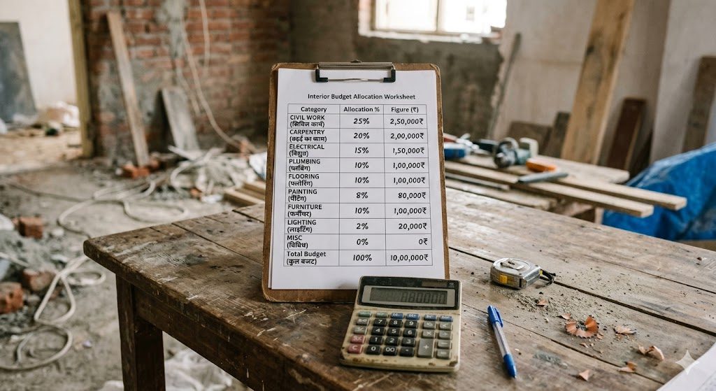Printed interior budget allocation worksheet on a clipboard with category percentages, rupee figures and a calculator, on a wooden table in an Indian home being renovated