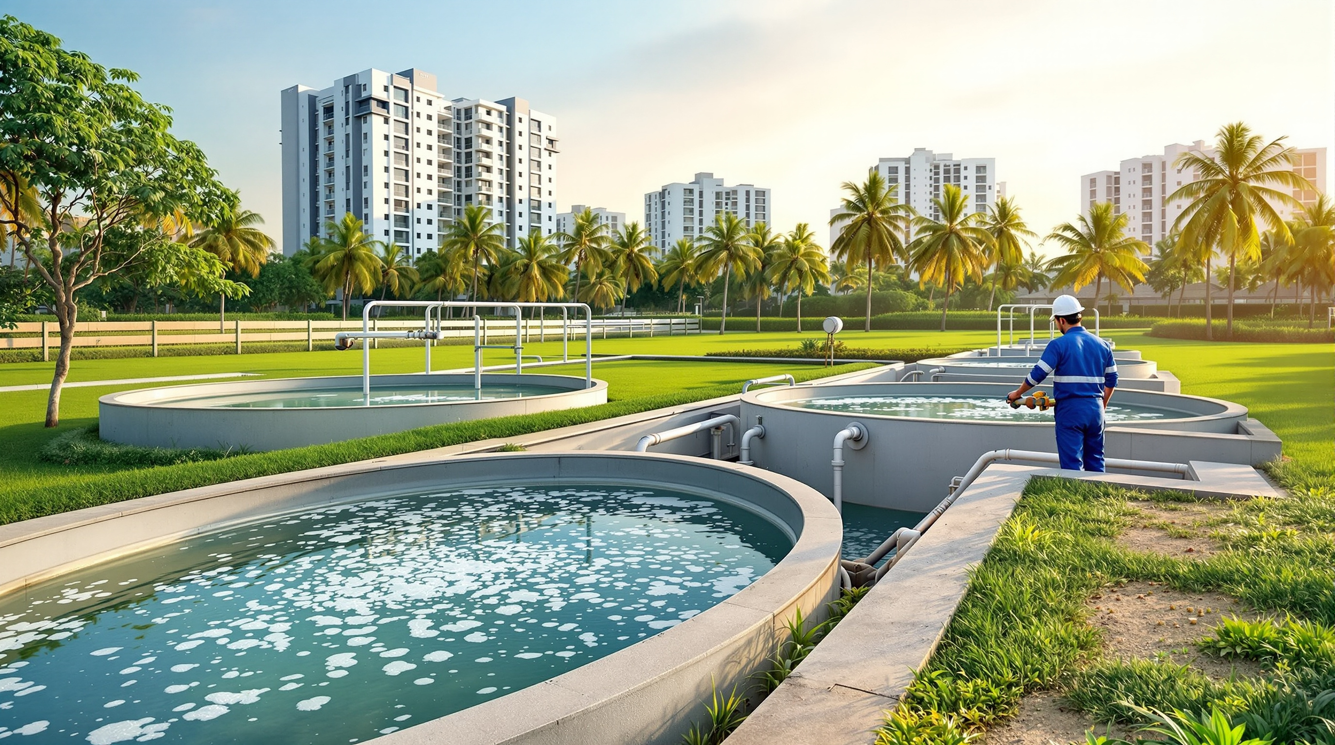 A compact decentralised sewage treatment plant integrated into a modern Indian residential township, with aeration tanks beside landscaped greenery