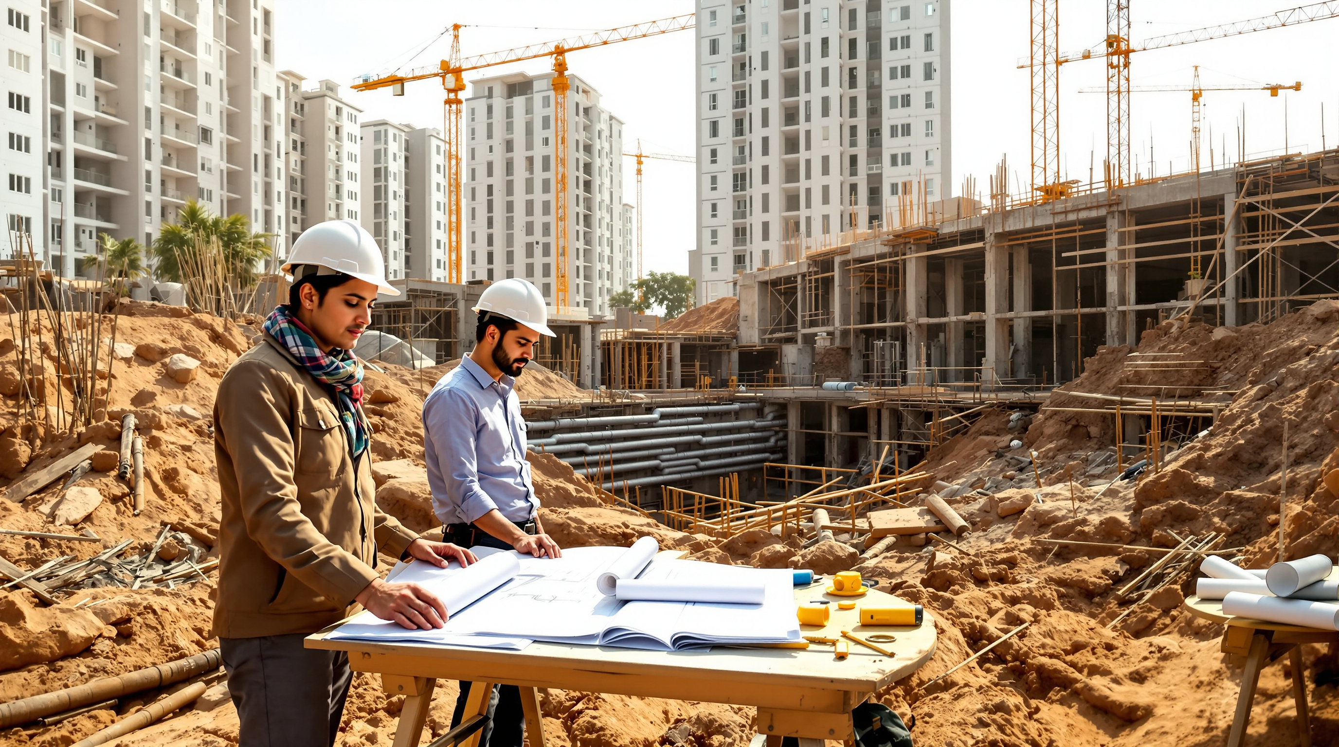 Indian developer and consultant reviewing STP and dual-plumbing drawings at a construction site of a large development