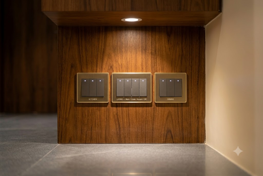 Detail photograph of a Burma teak panelled wall holding three smart-switch panels side by side each panel a four-gang touch-capacitive design with brushed-brass frames around capacitive touch surfaces each gang showing a small white LED indicator status light glowing soft, the centre panel labelled LIVING Main Cove Accent Off in fine engraved white type, the left panel labelled KITCHEN and right DINING set at thirteen hundred millimetre height on a warm-cream painted accent wall to the right of the teak panel with a single warm two thousand seven hundred kelvin downlight casting a soft glow on the brass frames