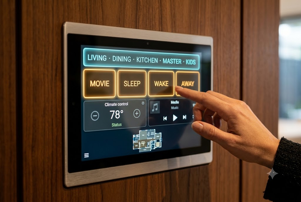 Close-up photograph of a wall-mounted ten-inch Crestron-style touch control panel set into a Burma teak panelled wall at fifteen hundred millimetre height showing the active home dashboard with a row of room tabs across the top Living Dining Kitchen Master Kids in soft cyan, a row of scene tiles below Movie Sleep Wake Away glowing amber, two large temperature and music tiles in the lower half, and a small map of the home in the corner, with a hand entering from the right edge of the frame about to touch the Movie scene tile under soft warm three thousand kelvin interior lighting reflecting on the brushed-aluminium panel bezel and surrounding teak panelling